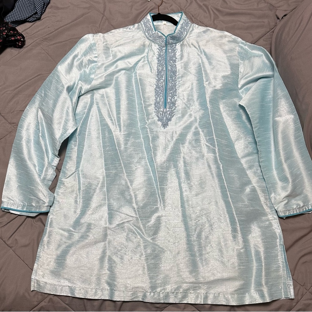 Men's Sky Blue Kurta with Embroidered Placket